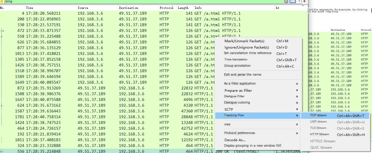 Locate TCP stream through the final stream