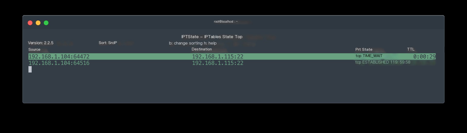 Real-time network connection status shown by iptstate command